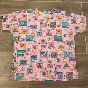 Scrub top pink with flowers and bugs